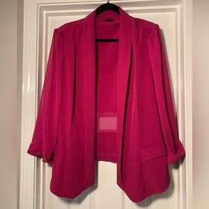 City Chic Drapey 3/4 Sleeve Blazer in Cranberry Sheer Sleeves and Open Front